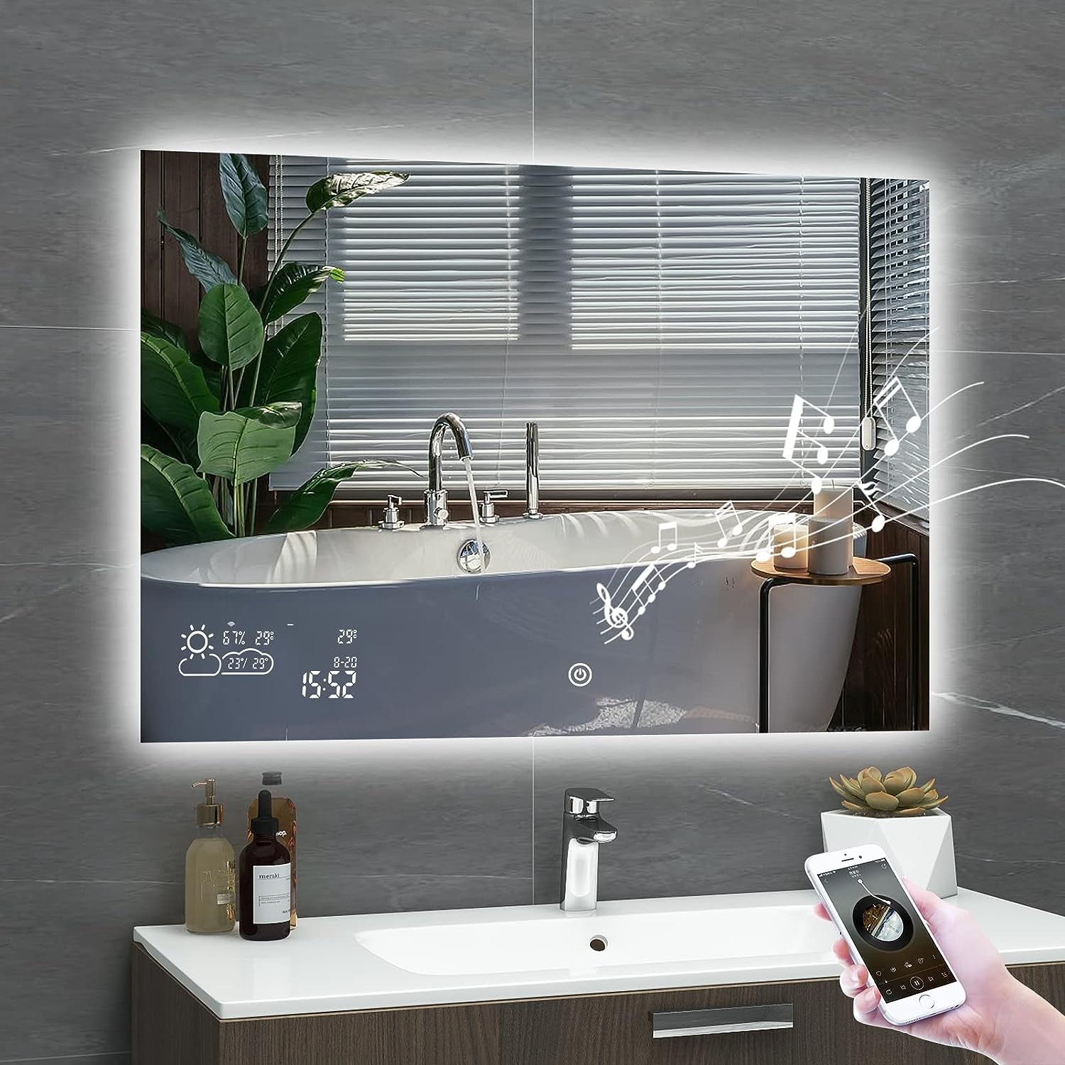 Smart Bathroom Mirror with Bluetooth Wi-Fi Enabled Weather Display, 32”X 24” Fog Free, LED Light Vanity Mirror Backlit Frameless Lighted Touch Sensor Makeup for Wall - Horizontally Hang Only