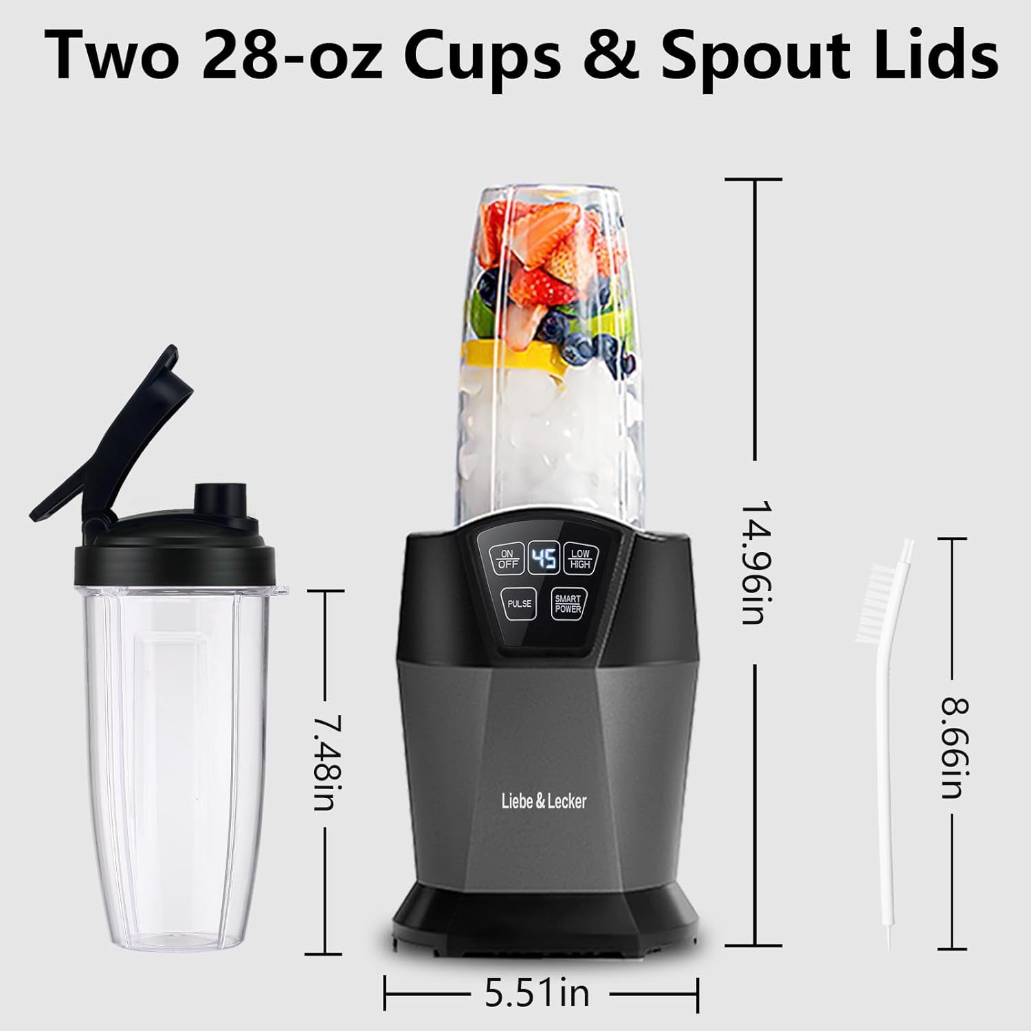 Blender with 1200W-Peak-Watts, Powerful Smoothie Blender Smart Technology Blended Frozen Fruit for Smoothies, with Two 28-Oz To-Go Cups & Spout Lids
