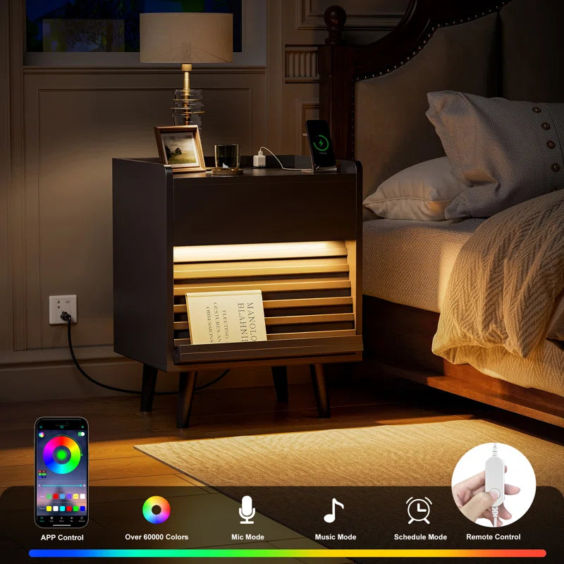 Modern Nightstand with 2 Drawers,Bedside Table with Outlets & LED Lights, File Cabinet with Slanted & Wavy Design