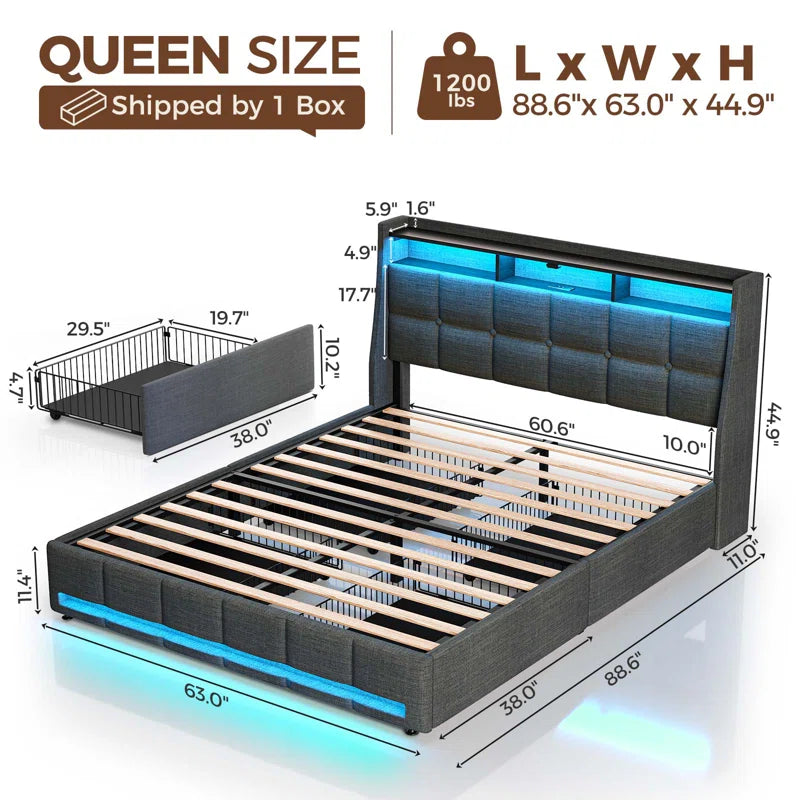 Dyane Upholstered Bed Full Bed Frame with Charging Station and LED Lights