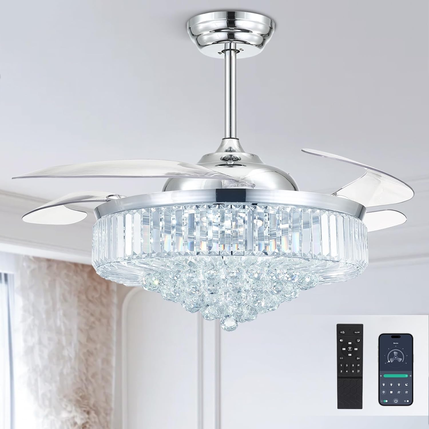 52 Inches Moooni Fandelier Retractable Invisible Ceiling Fan Chandelier | Luxury Crystal LED Light with Remote Control | Elegant & Space-Saving Lighting Solution