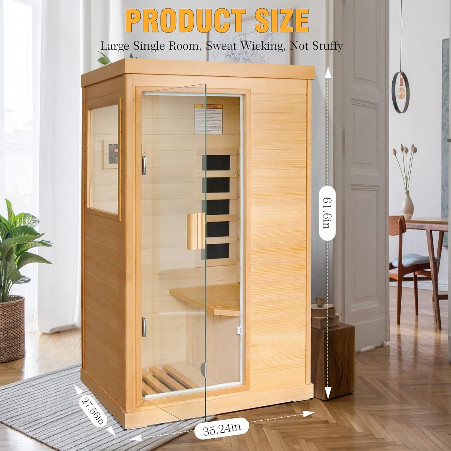 Far Infrared Sauna Home Sauna Spa Room Canadian Hemlock Wood 800W Indoor Saunas with Control Panel and Tempered Glass Door, Room:35.2 * 27.6 * 61.6Inch