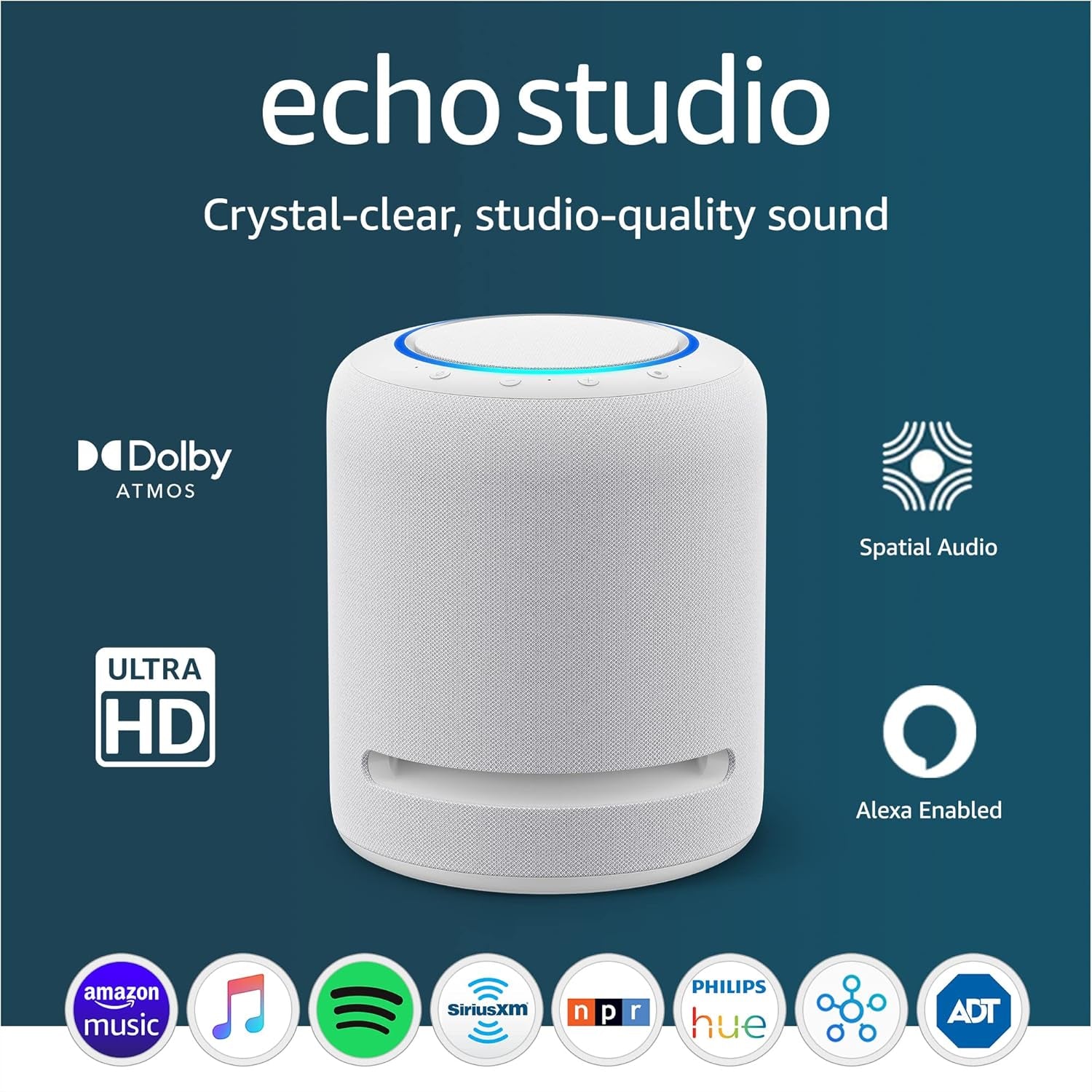 Like-New  Echo Studio (Newest Model), Our Best-Sounding Alexa Speaker, Perfect for Living Rooms, Family Rooms, and Other Large Spaces, Glacier White
