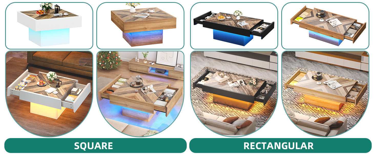 LED Living Room Coffee Table with Storage 2 Drawers, Rectangular Modern Coffee Tables for Living Room Controlled by Remote and App, Farmhouse Center Table Home Decor, Brown