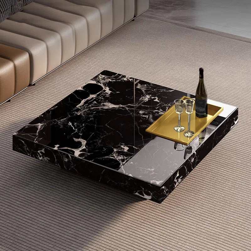 Oversized Modern Marble Coffee Table, 47.2'' Square with Fixed Tray & Glossy Base – Luxury Centerpiece for Living Room