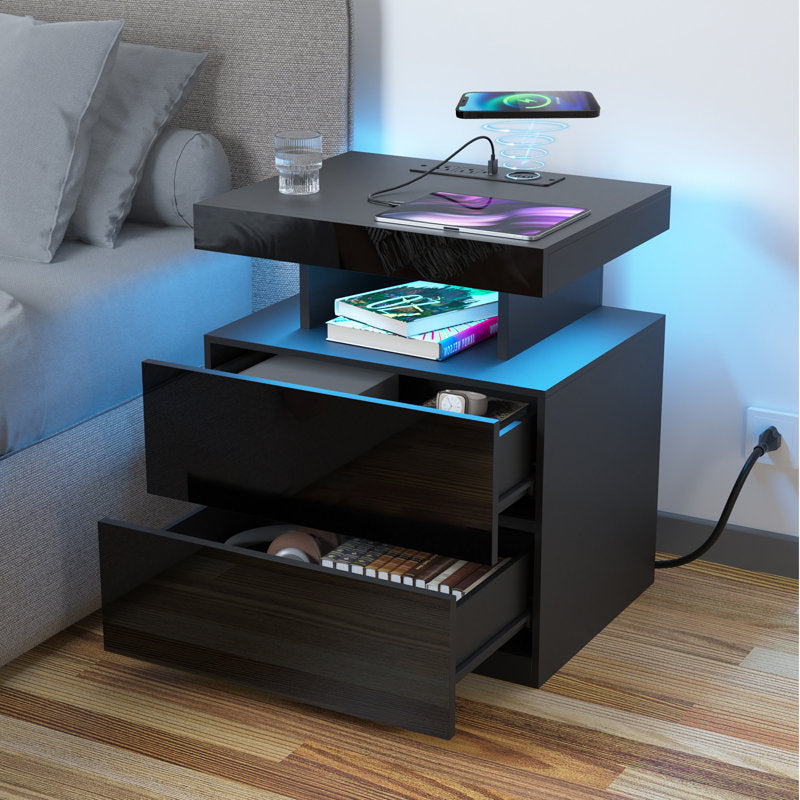 Brenard Manufactured Wood Nightstand with Wireless Charging Station, LED Light and 2 Drawers