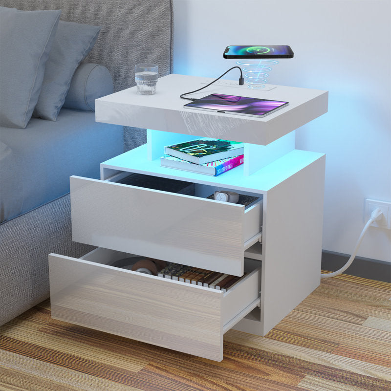 Brenard Manufactured Wood Nightstand with Wireless Charging Station, LED Light and 2 Drawers