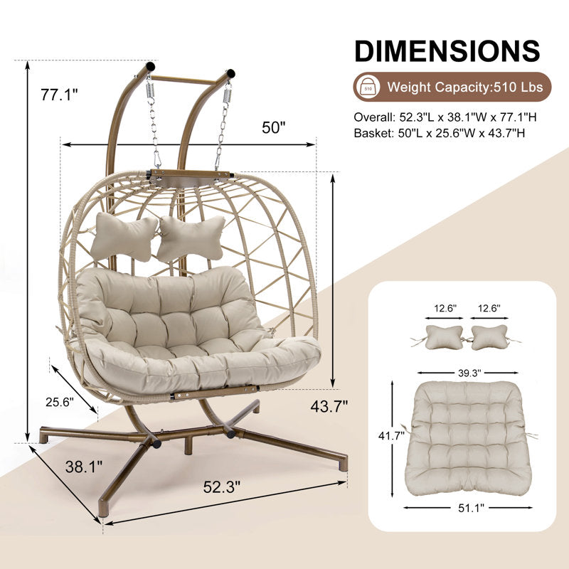 Dakota Fields Celyne 2-Person Porch Swing Egg Chair with Stand | Cozy Hanging Chair for Outdoor & Indoor Use | Spacious, Weather-Resistant, and Stylish Design