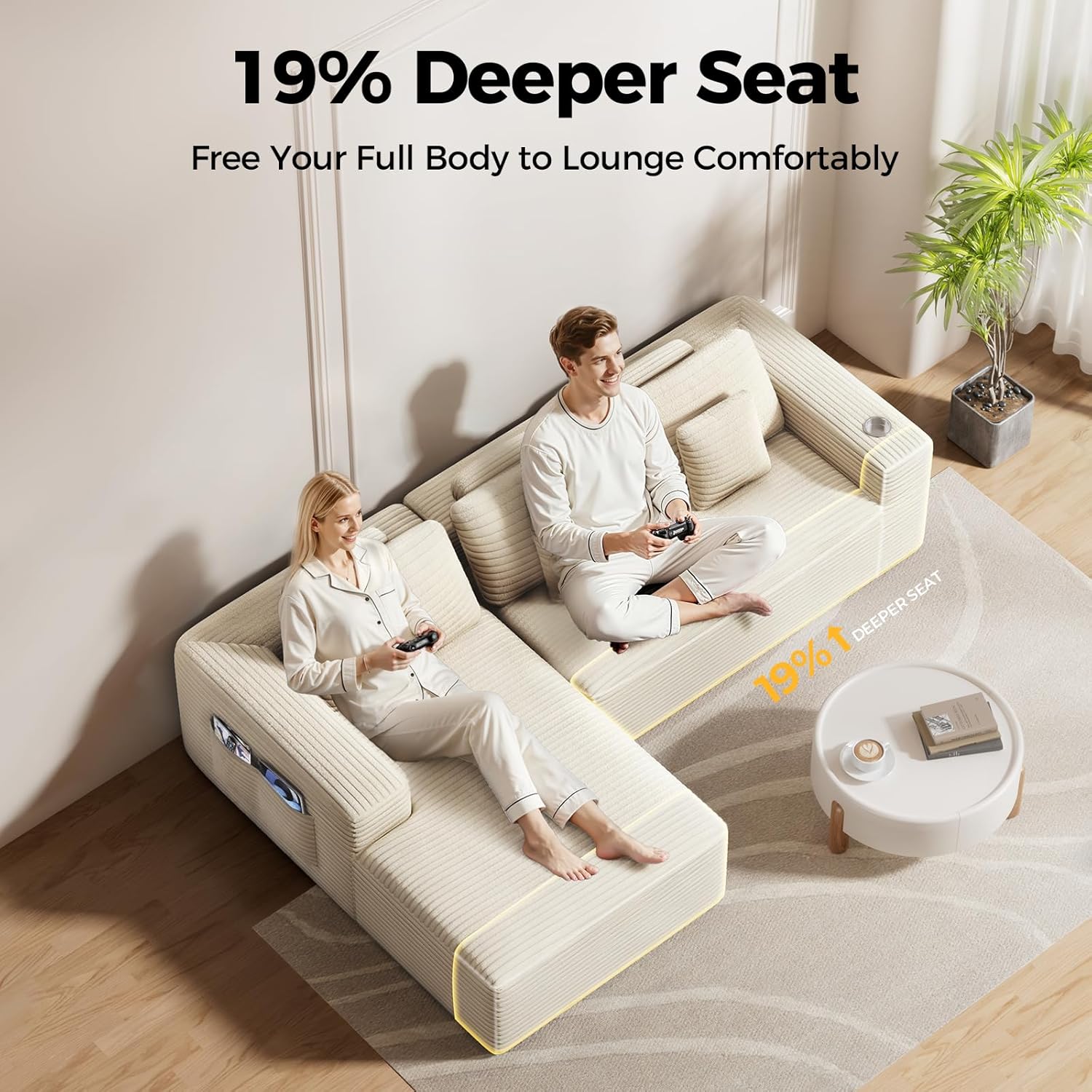 CloudLuxe™ 108" Deep-Seat Modular Sectional w/ Chaise Corduroy “Boneless” All-Foam Comfort, One-Box Delivery, No Assembly