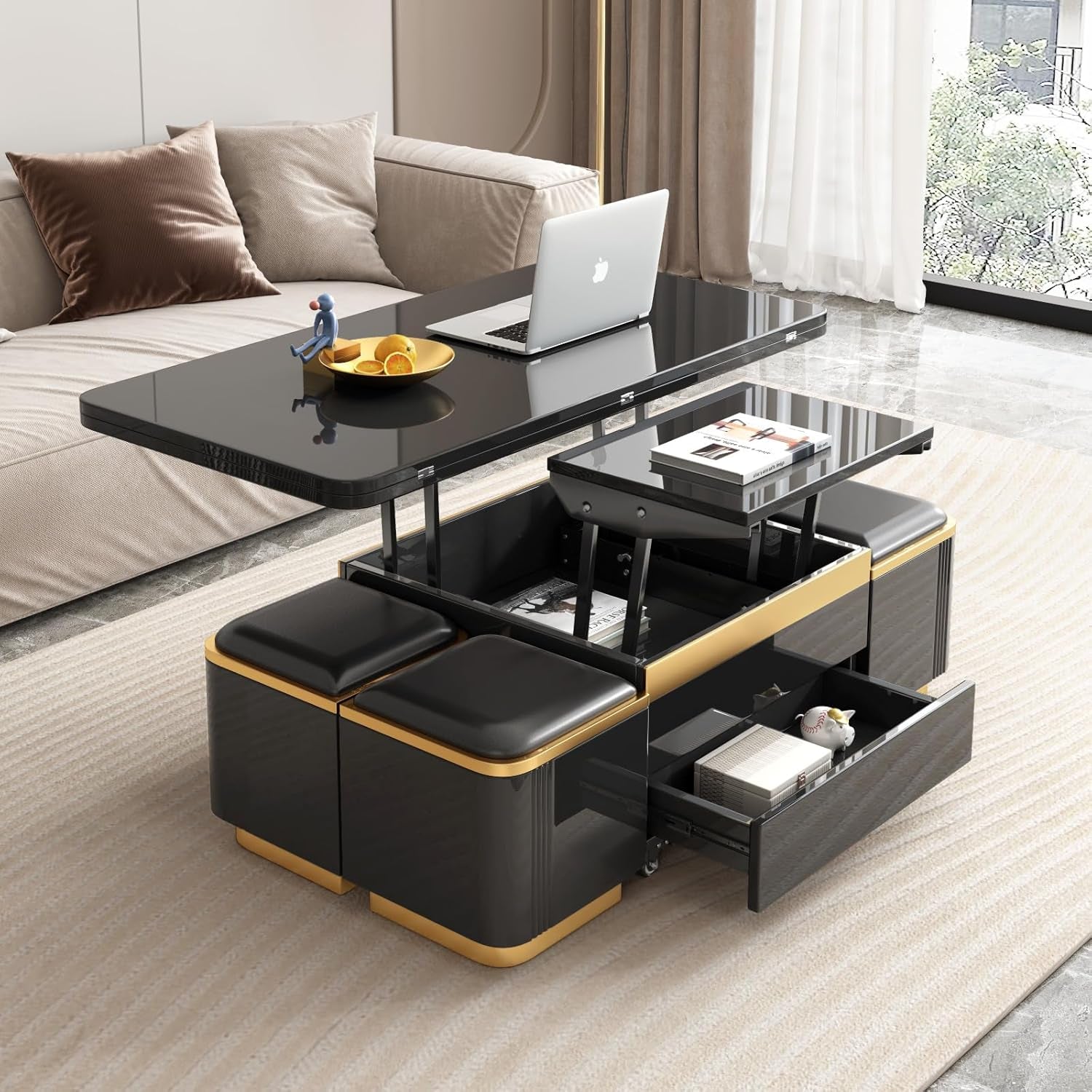 Lift Top Coffee Table with 4 Stools Hidden Storage and Shelf, Rising Tabletop Table for Small Space,Center Tables,End Table,Black, 47.24In L