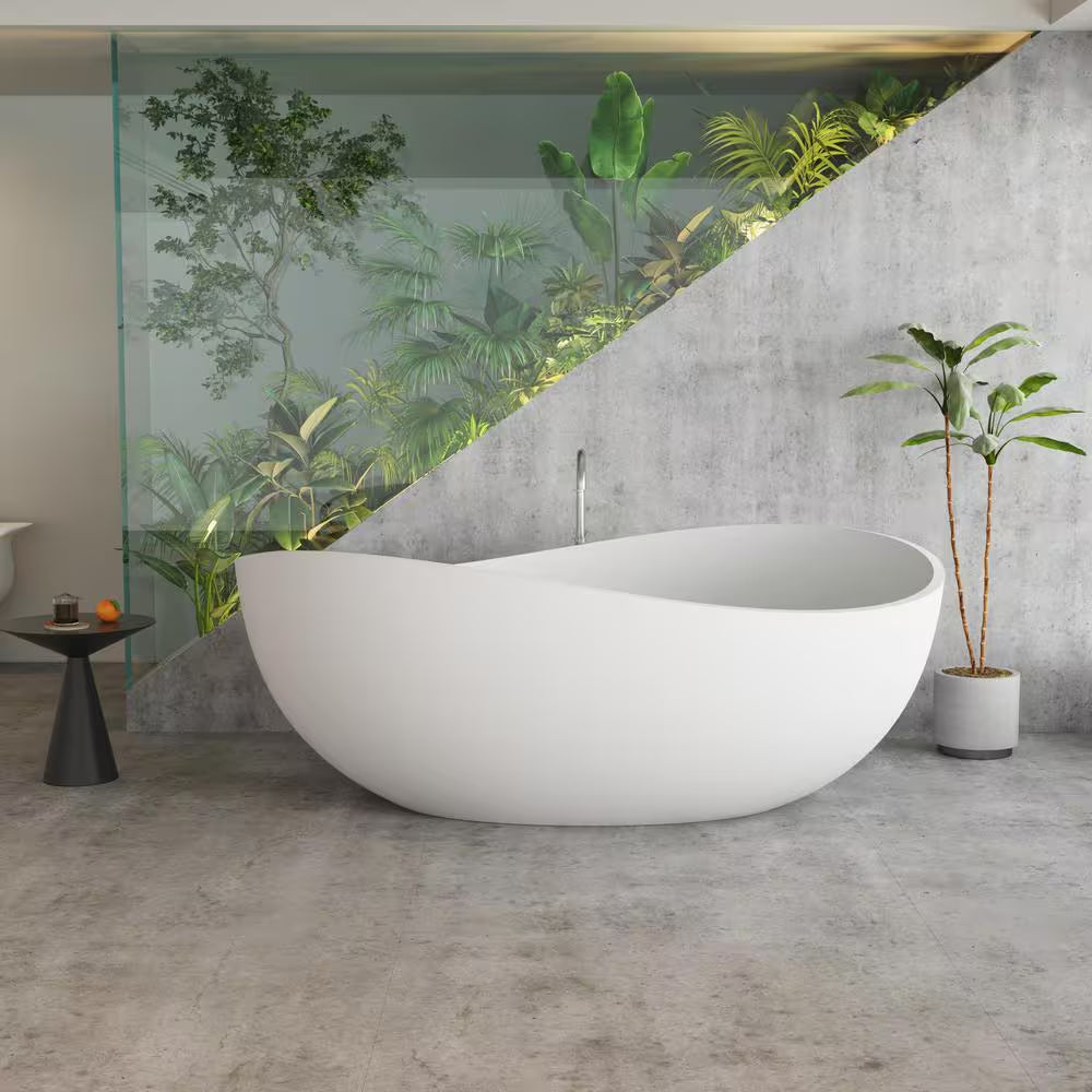 Moray 63 In. X 37 In. Solid Surface Stone Resin Flatbottom Freestanding Double Slipper Soaking Bathtub in Matte White