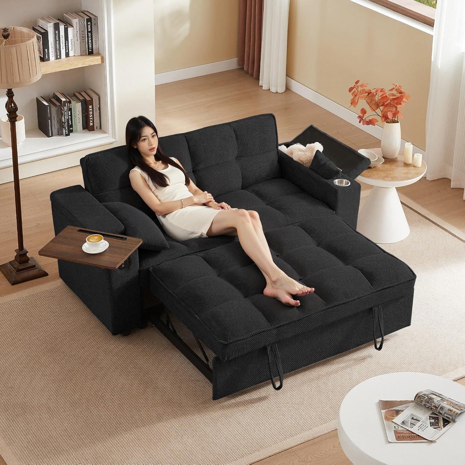 66" 3-In-1 Folding Convertible Sofa Bed, Queen Size Pullout Sofa, Modern Chenille Fabric, 360° Swivel Side Table, Easy Assembly, Perfect for Living Room (Zy-1107S-Black)