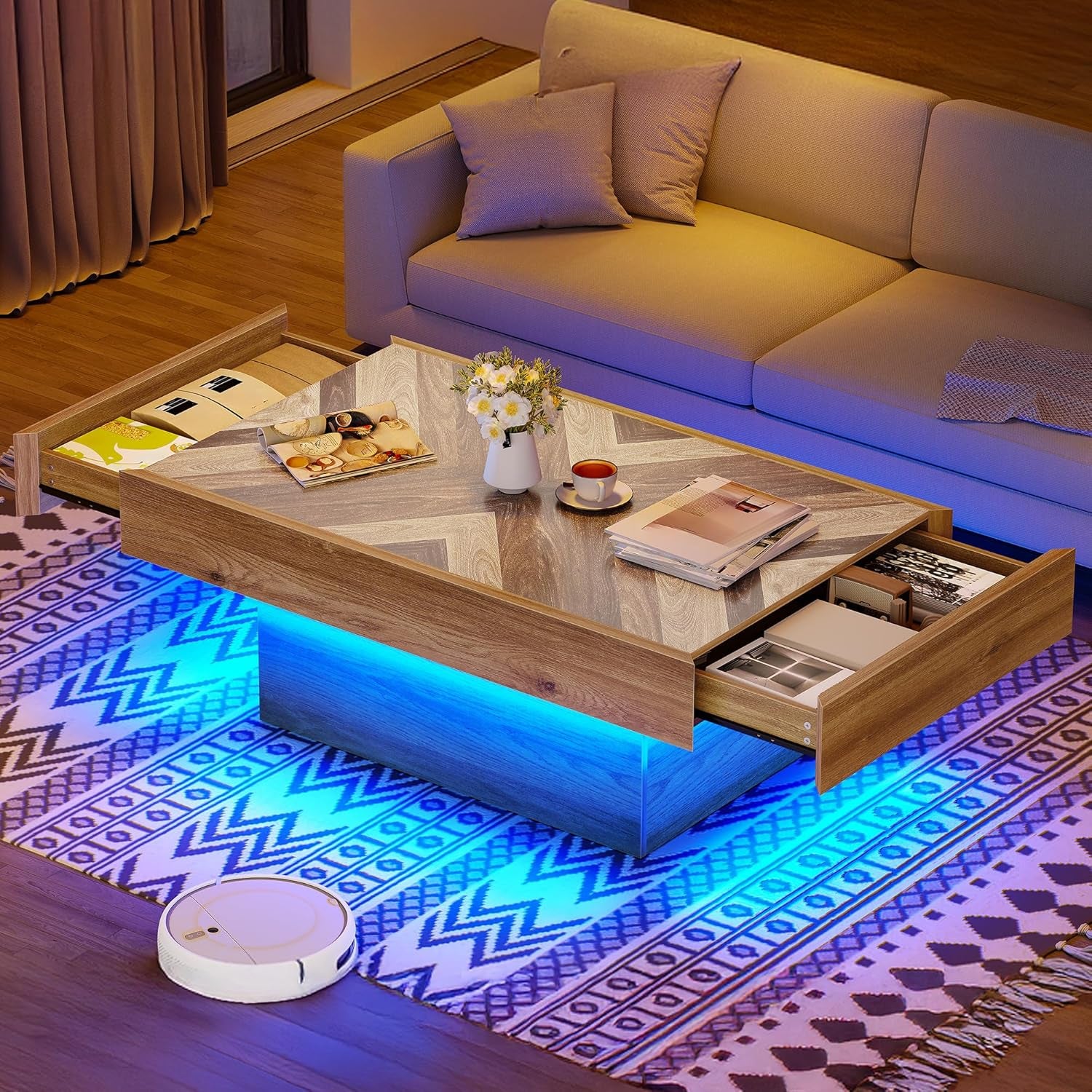 LED Living Room Coffee Table with Storage 2 Drawers, Rectangular Modern Coffee Tables for Living Room Controlled by Remote and App, Farmhouse Center Table Home Decor, Brown