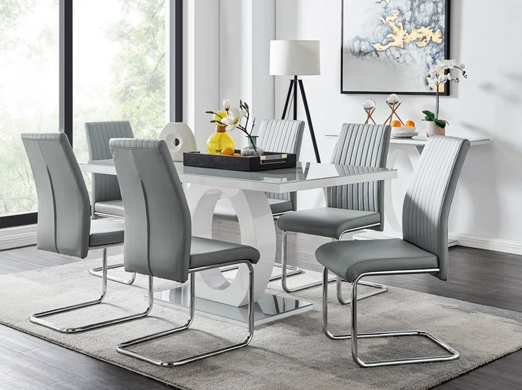 Scottsmoor Modern High Gloss Halo 6 Seater Dining Table Set with Luxury Faux Leather Dining Chairs