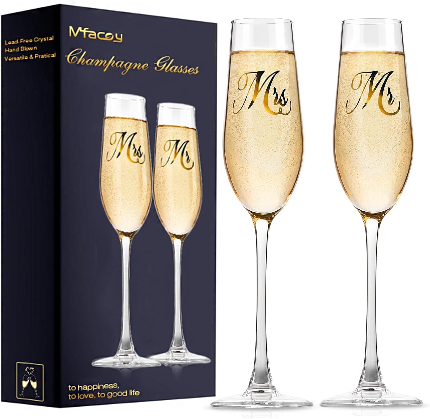 Mr. & Mrs. Champagne Flute Set, Wedding Decor - His and Hers, Wedding Toasting Glasses for Engagement Celebrations, Bridal Shower and Registry Idea, Tall Wine Glasses for Bride and Groom Gifts