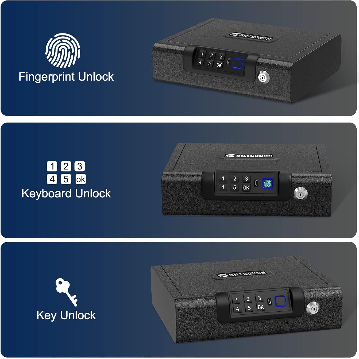 Biometric Gun Safe for Pistols 3-Ways Unlock Fingerprint Digital PIN Key Unlock Handgun Safe with Sound, Lock Box for Cloakroom Living Room Bedroom Nightstand and Car