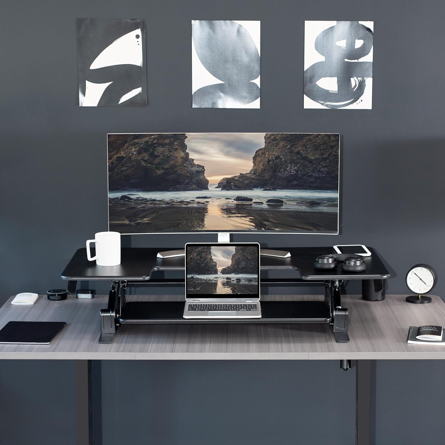 48 Inch Height Adjustable Large Stand up Desk Converter, V Series, Quick Sit to Stand Tabletop Dual Monitor Riser Workstation, Black, DESK-V048V