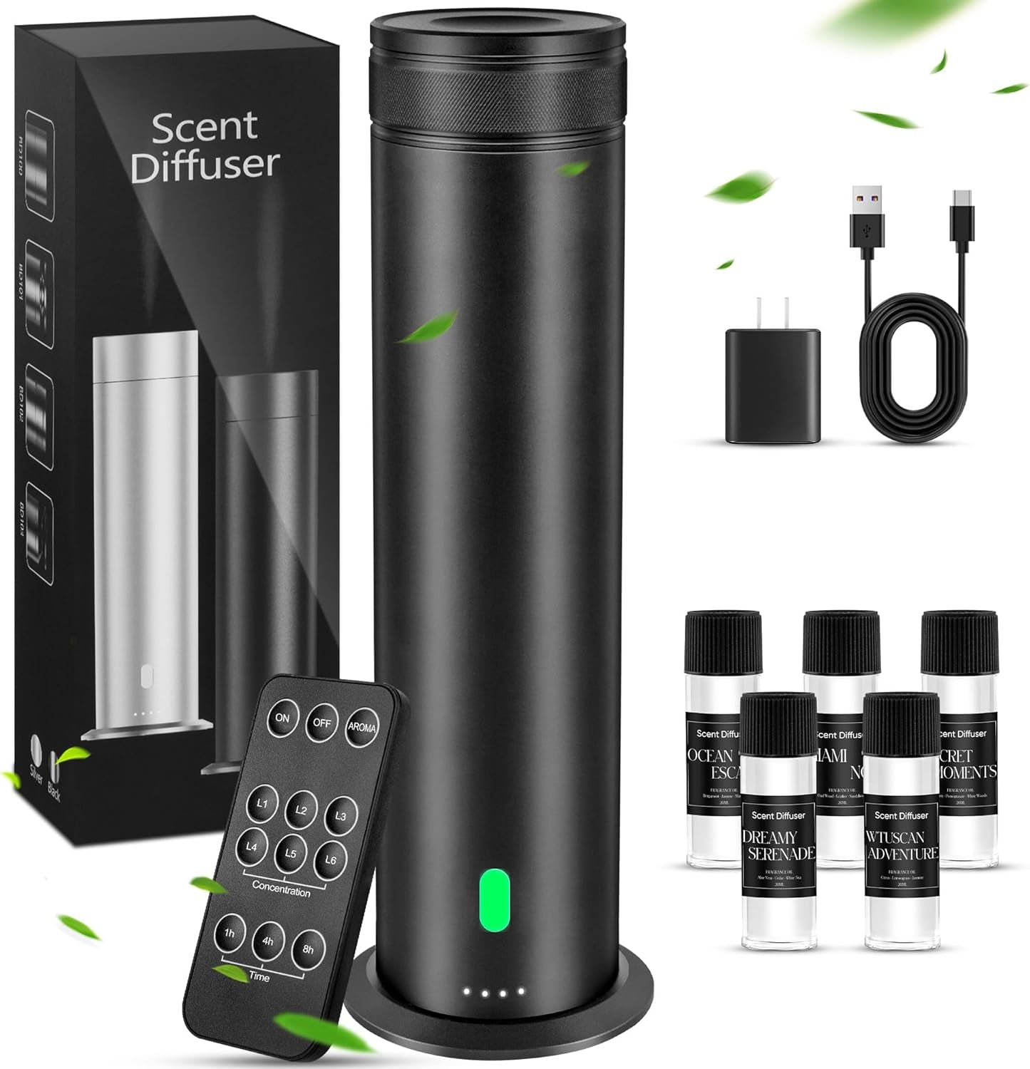 Waterless Scent Diffuser Starter Kit - Suitable for Home and Hotel Series Air Diffuser, 800 Square Inches of Coverage, 7 Kinds of Scented Essential Oils, Remote Control, Atomizer Core Black