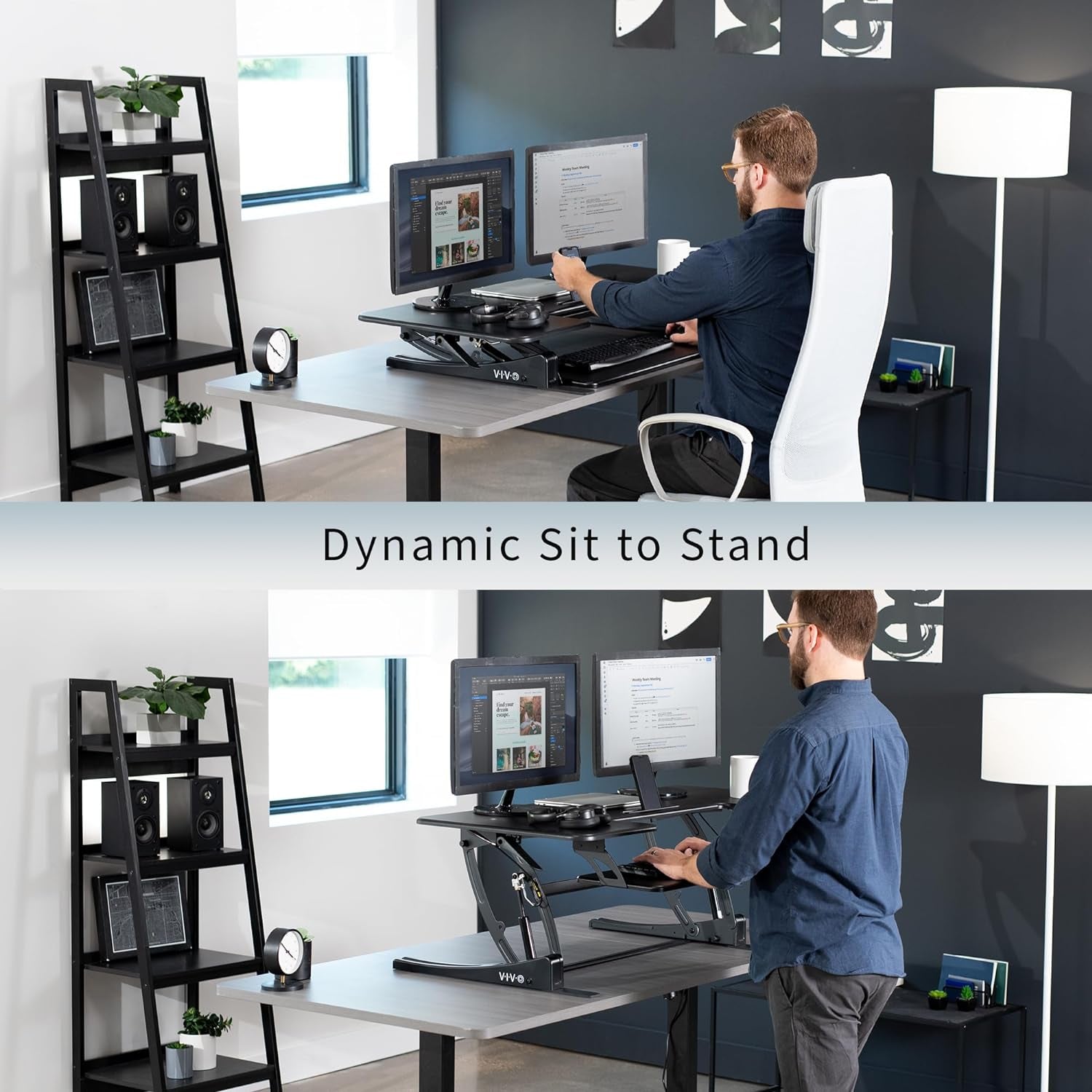 48 Inch Height Adjustable Large Stand up Desk Converter, V Series, Quick Sit to Stand Tabletop Dual Monitor Riser Workstation, Black, DESK-V048V