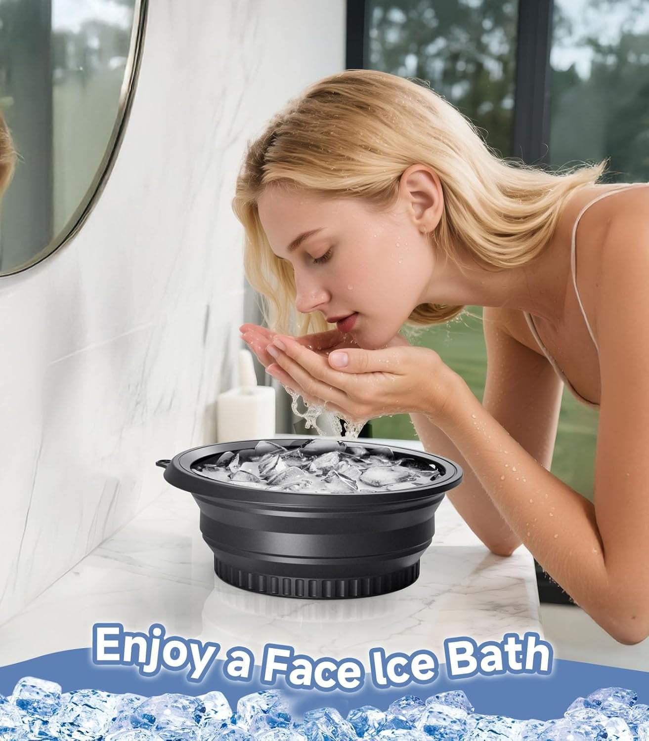 Face Bowl for Ice with Built-In Ice Tray – Collapsible Silicone Facial Ice Bath Bowl for Cold Plunge Therapy, Skin Tightening & Acne Relief – Portable Spa Tool for Home & Travel(Black)