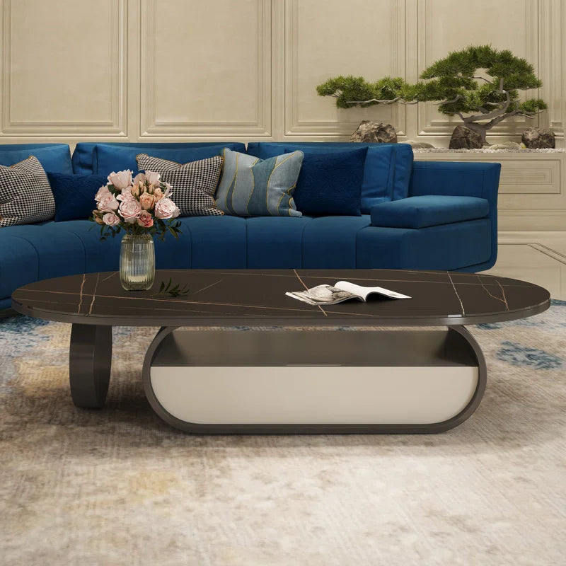 Luxury Oval Faux Marble Coffee Table with Hidden Storage Drawer | Elegant Design for Modern Living Spaces