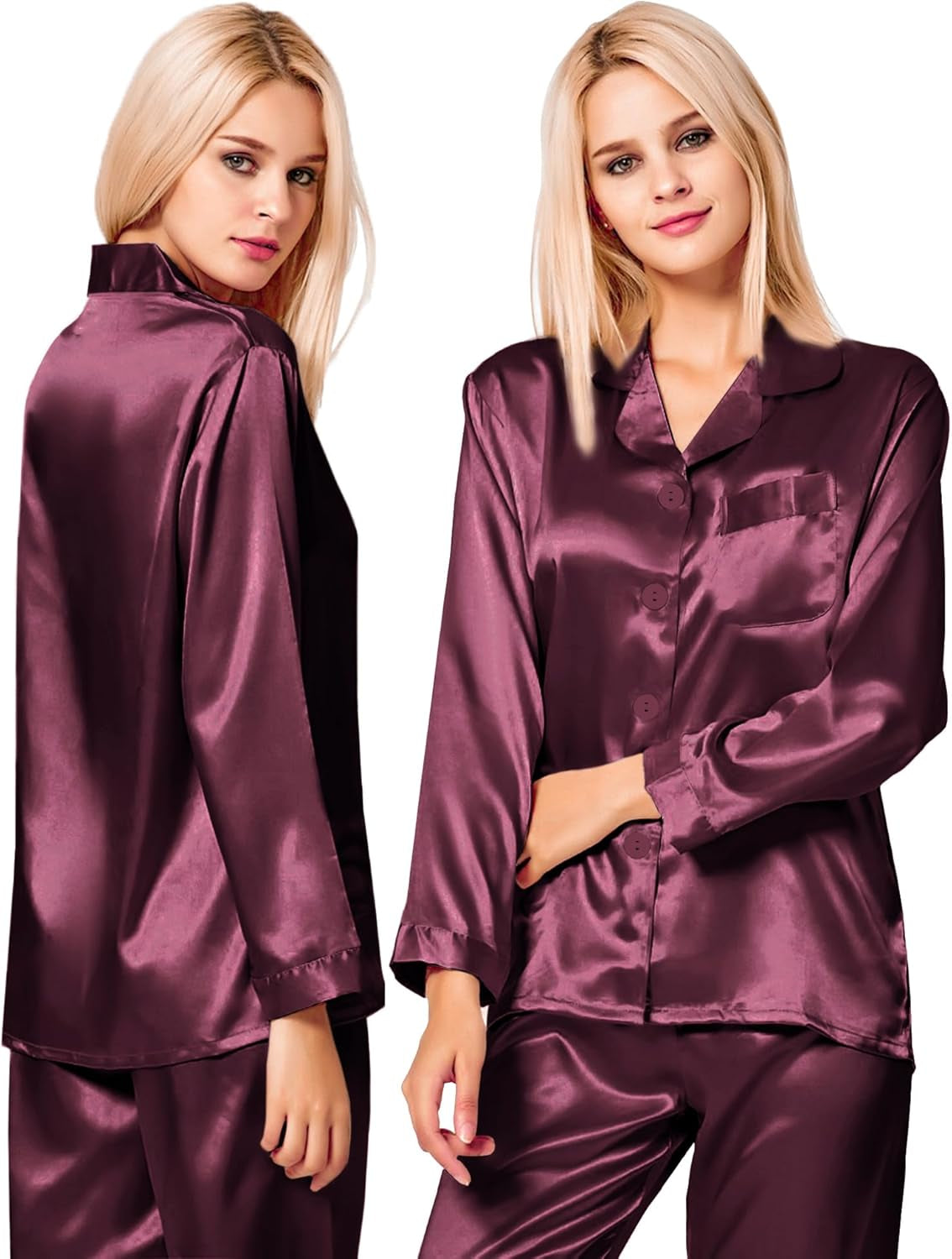 Couples Pajamas Womens &Mens Matching Pajamas Set Silk Satin Pj Set Long Sleeve Button down Sleepwear 2 Pcs Loungewear