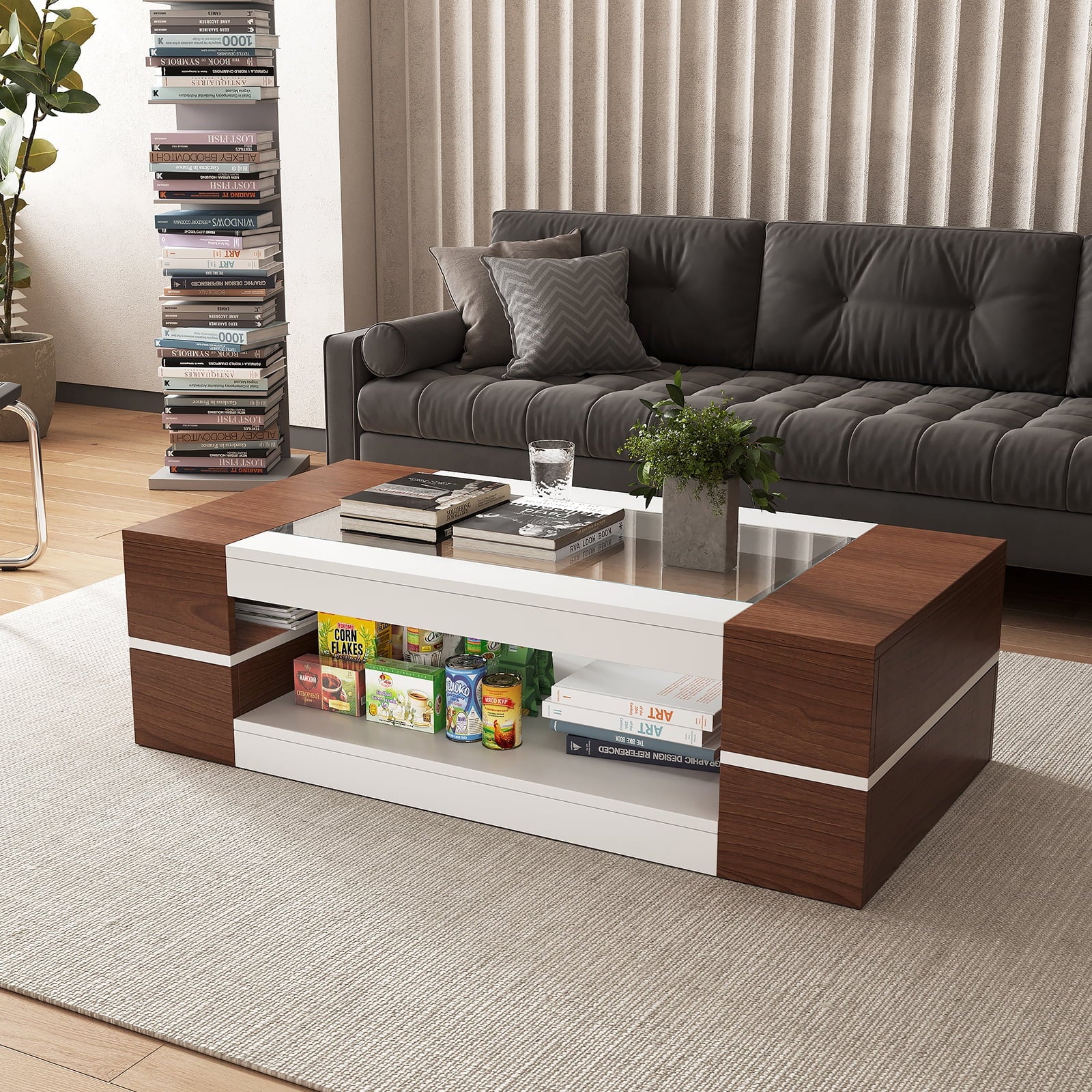 47.2" Modern White Walnut Coffee Table with Glass Top - 2-Tier Storage Design for Living Room, Reception & Dining | Sleek Rectangular Center Table