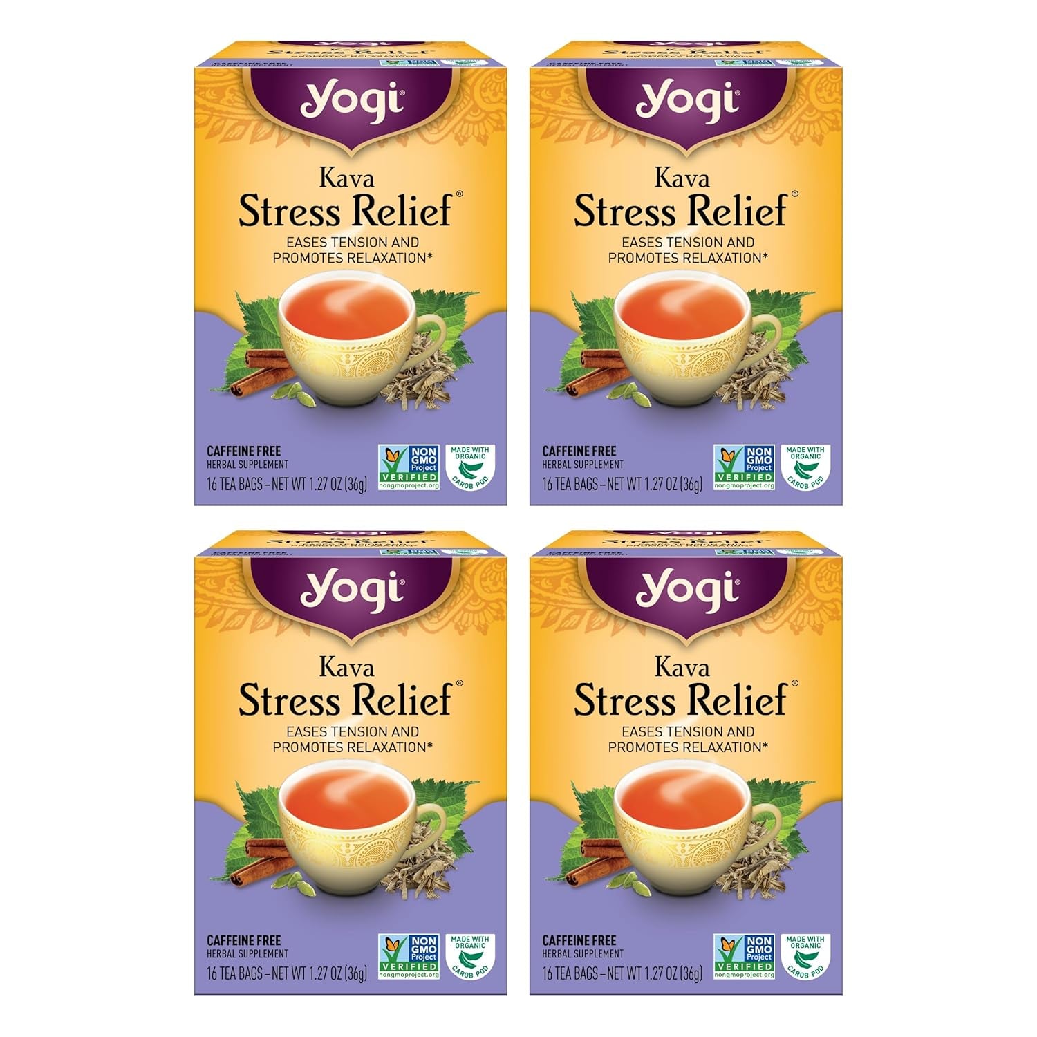 Tea Kava Stress Relief Tea - 16 Tea Bags per Pack (4 Packs) - Made with Organic, Caffeine-Free Relaxing Tea - Includes Carob Pod, Indian Sarsaparilla Root, Cinnamon Bark, Ginger Root & More