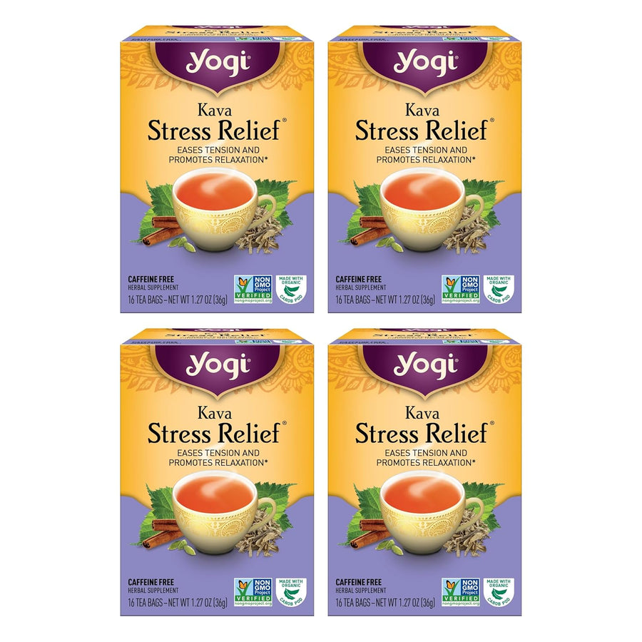Tea Kava Stress Relief Tea - 16 Tea Bags per Pack (4 Packs) - Made with Organic, Caffeine-Free Relaxing Tea - Includes Carob Pod, Indian Sarsaparilla Root, Cinnamon Bark, Ginger Root & More