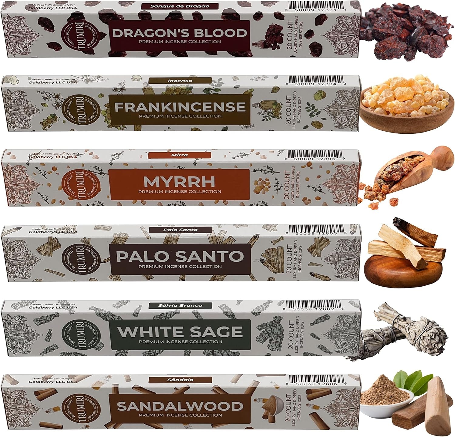 Woody Incense Sticks Variety Pack - 120 Insence-Sticks (6 Incents X 20 Insense) - White Sage Palo Santo Dragons Blood Sandalwood - Natural Inscents-Sticks Non Toxic Cleansing Incienso + Burner Holder