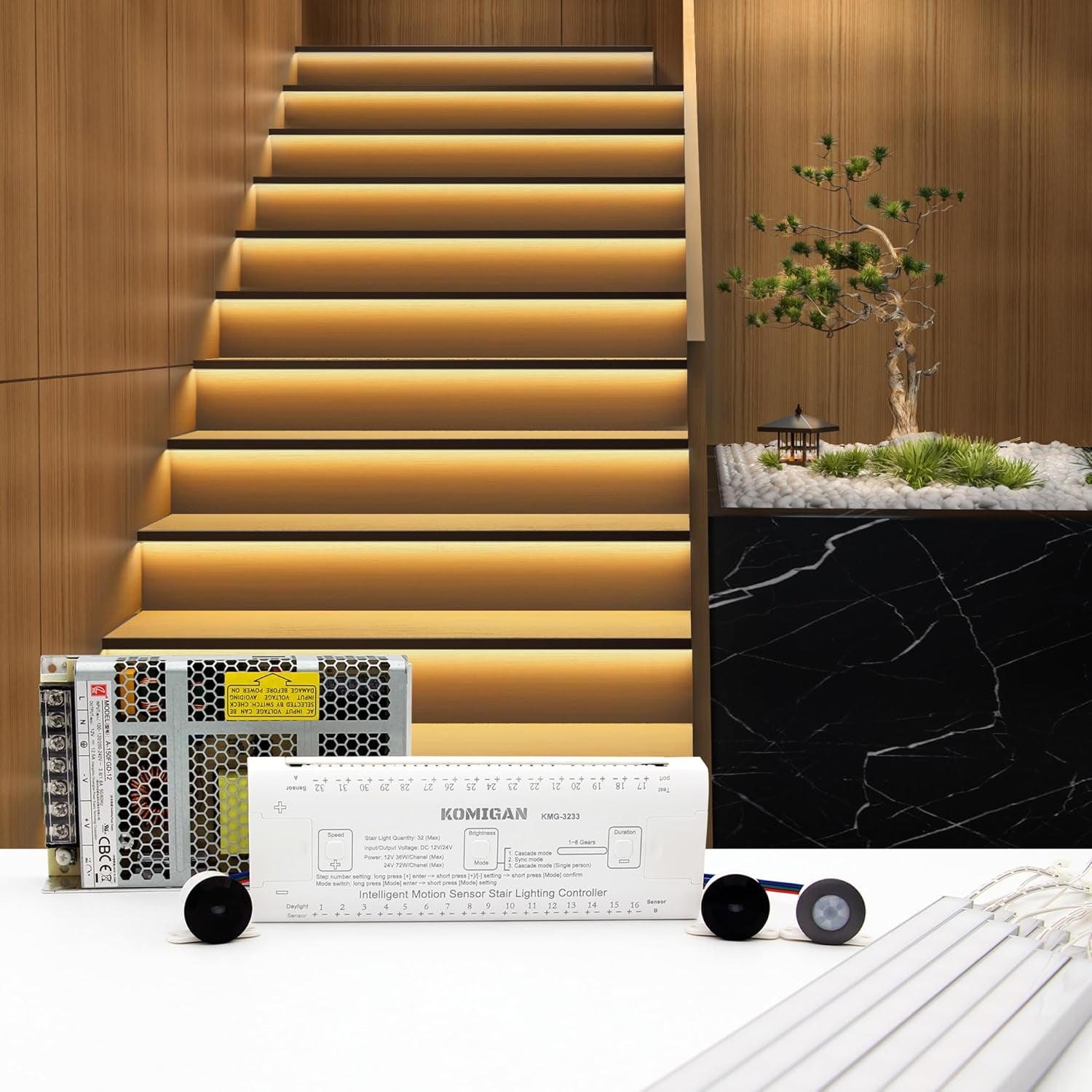 Intelligent Motion Sensor LED Stair Lighting Kit KMG-3233 | Cascading Warm White 3000K, 10 Stairs | 23.6 Inch Aluminum Light Bars for Elegant, Automated Illumination