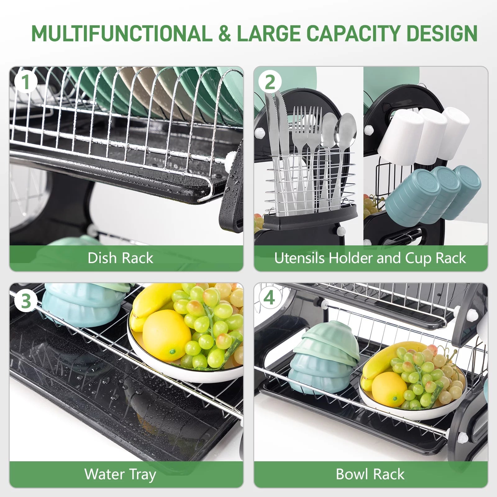 Ktaxon 2-Tier Dish Drainer Drying Rack | Large Capacity Stainless Steel Kitchen Storage with Utensil Holder & Cutting Board Organizer