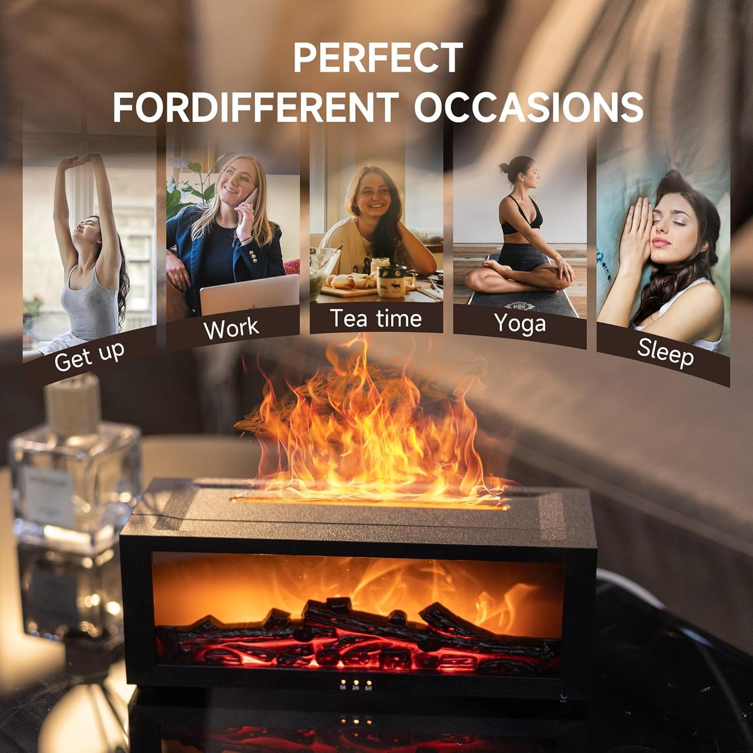 Fireplace Flame Air Diffuser Humidifier,7 Colors Aromatherapy Essential Oil Diffuser,Ultrasonic Aroma Humidifier with Timer for Home,Bedroom,Office,Yoga (Blackb, L)