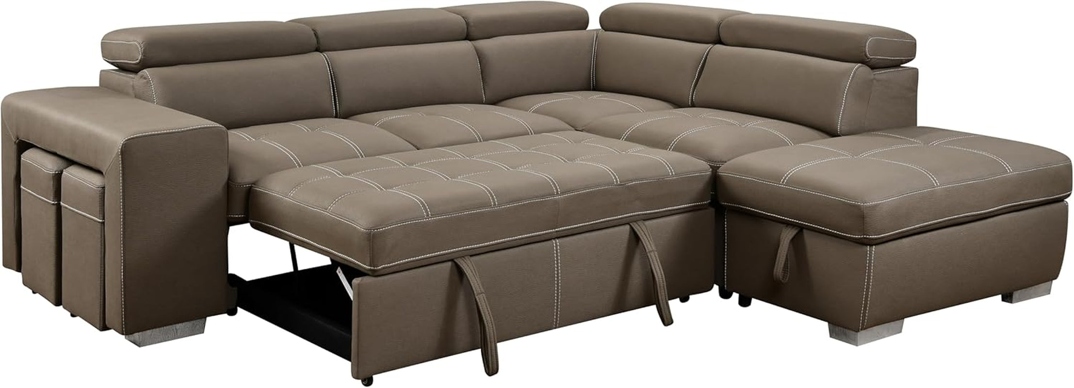 104'' Microfiber Sectional Sleeper Sofa with Pull-Out Bed,Couch with Storage Ottoman & Chaise, 5 Seat L-Shape Sofa with Adjustable Headrest & Two Stools. Light Brown