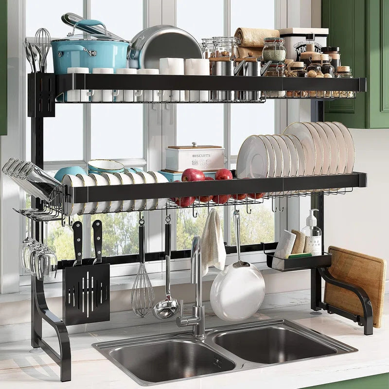 Aster Form 2-Tier Dish Rack | Space-Saving Kitchen Organizer with Stainless Steel Design, Utensil Holder, and Drip Tray