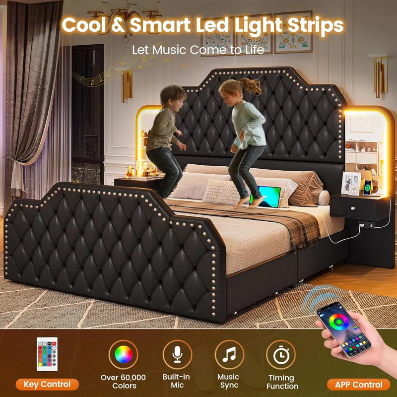 Karlton Bed with 4 Storage Drawers，Led Tall Platform Bed Frame