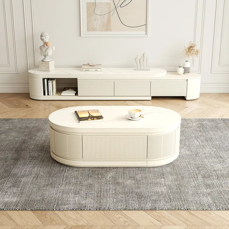 Bilawal Cream Style Oval Extendable Coffee Table Solid Wood with 4 Drawers, No-Assembly Required