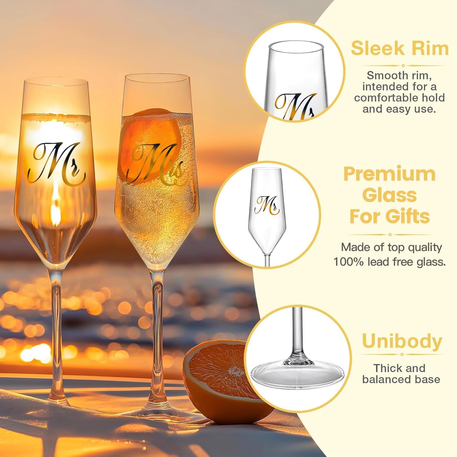Mr. & Mrs. Champagne Flute Set, Wedding Decor - His and Hers, Wedding Toasting Glasses for Engagement Celebrations, Bridal Shower and Registry Idea, Tall Wine Glasses for Bride and Groom Gifts