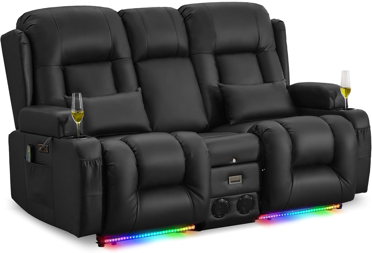 Loveseat Recliner Sofa with Massage and Heat, Power Reclining Loveseat Sofa RV Couch with Console, Home Theater Seating with LED Lights, Bluetooth Speakers, USB, Outlets, Faux Leather, Black