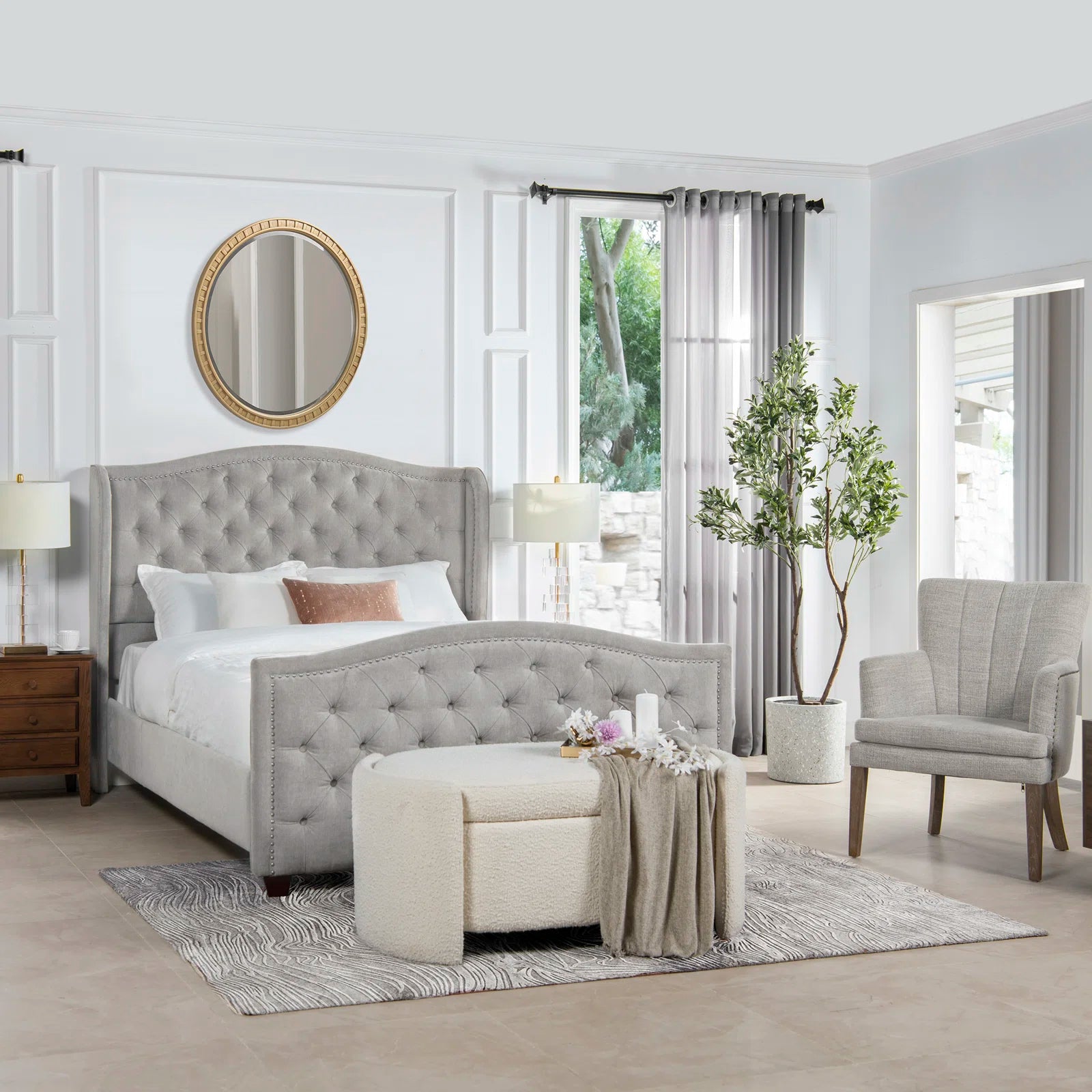 Manor Coleman Upholstered Wingback Bed | Elegant Tufted Headboard, Luxurious Linen Fabric, and Timeless Design for a Cozy Bedroom Retreat