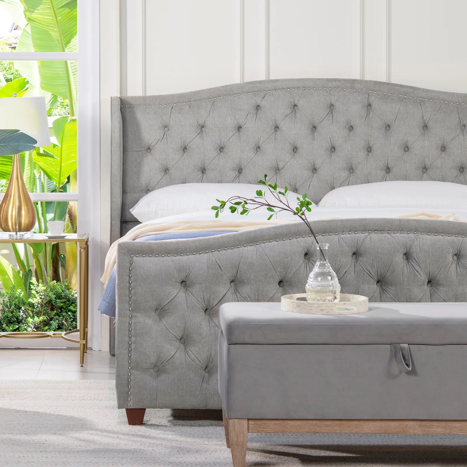 Manor Coleman Upholstered Wingback Bed | Elegant Tufted Headboard, Luxurious Linen Fabric, and Timeless Design for a Cozy Bedroom Retreat