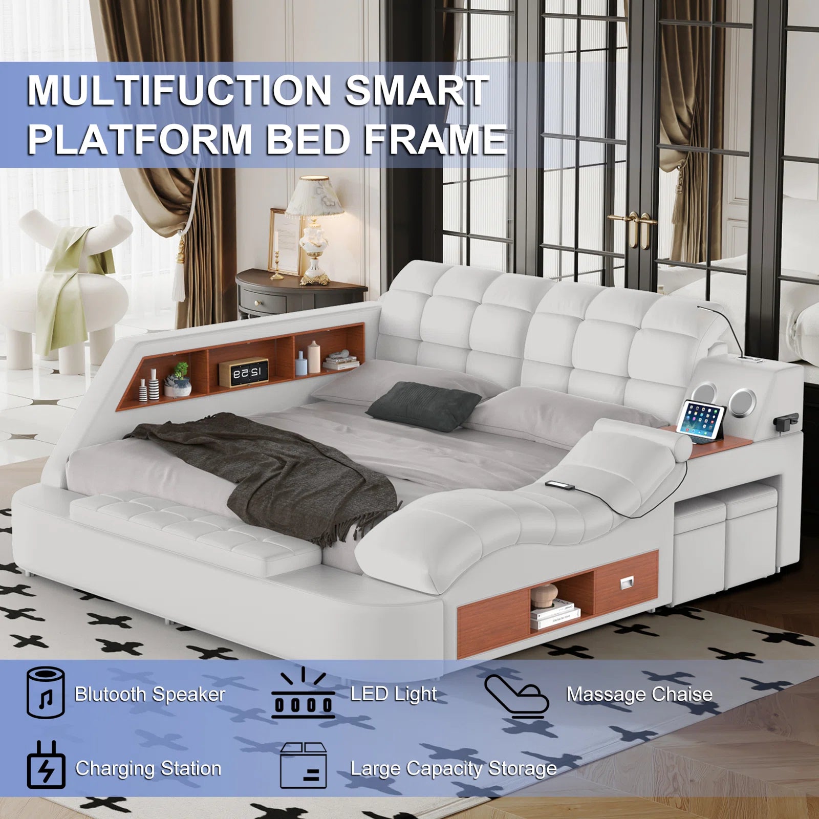 Smart Tech Ultimate Italian Leather Bed - Luxurious Smart Bed with Tufted Headboard, Built-in Speakers, USB Ports & Storage - Modern Low-Profile Design