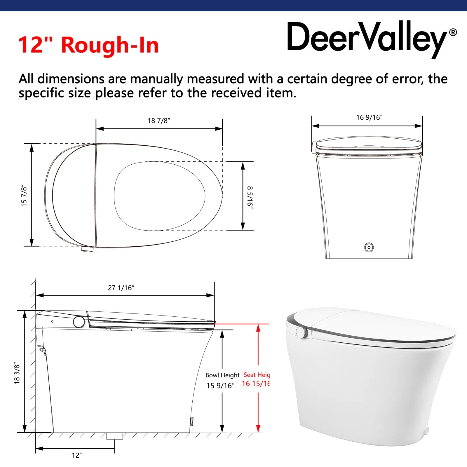 DeerValley Smart Bidet Toilet with Heated Seat | Quiet-Close, Auto Flush, Foot Kick Sensor, Blackout Power Flush | Advanced Comfort and Hygiene