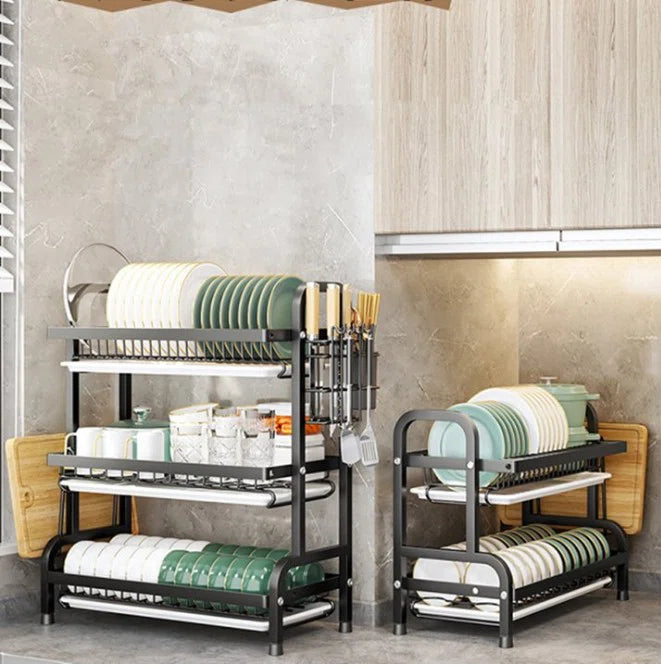 3-Tier XL Metal Dish Drying Rack (20.9” Wide) — Space-Saving Countertop Organizer with Removable Trays, Rust-Resistant Black Steel