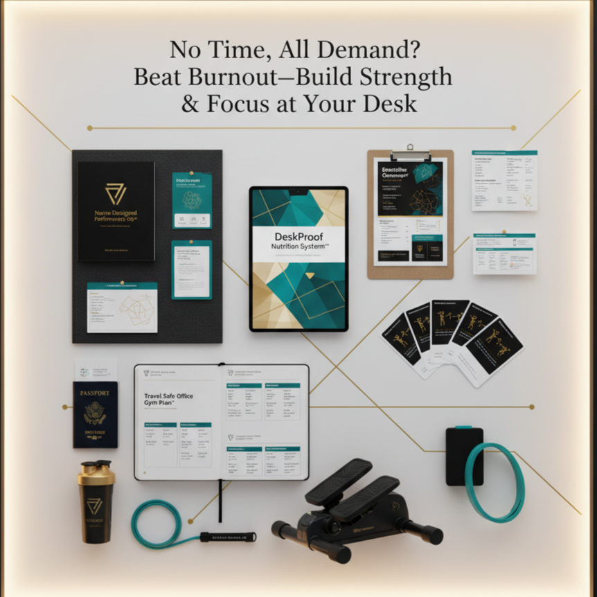 Collection of desk fitness and productivity tools with promotional text on a white background